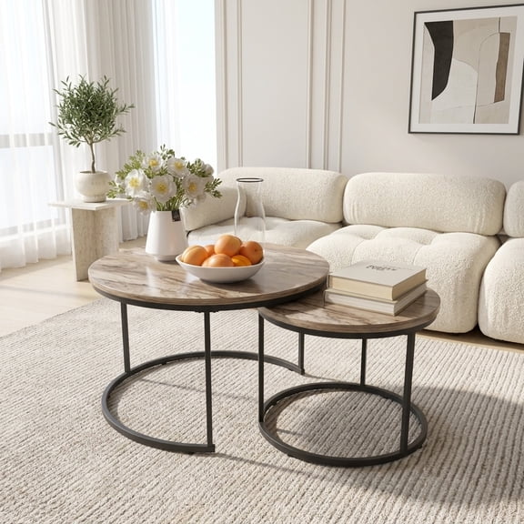 Nesting Coffee Table Set of 2, Round Marble Pattern Top Tables with Metal Frame - White