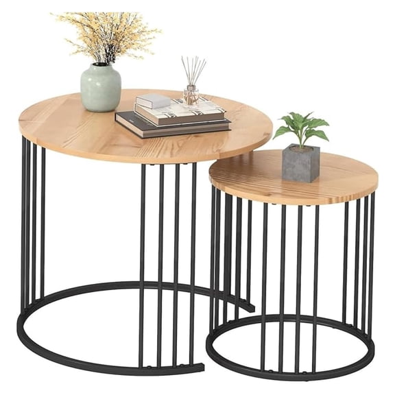 Nesting Coffee Table Set of 2, Round Table Set, Morden End Side Night Stand for Bedroom Dining Room Wood