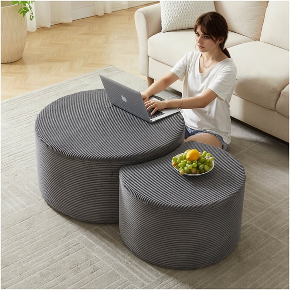 Nesting Coffee Table Set of 2, Round Upholstered Ottoman Tables for Living Room, Modern Grey Corduroy Foam Cocktail Table