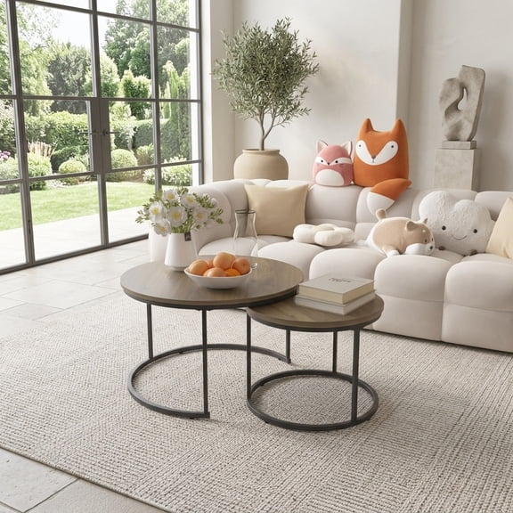 Nesting Coffee Table Set of 2, Round Wood Marble Pattern Top with Metal Frame