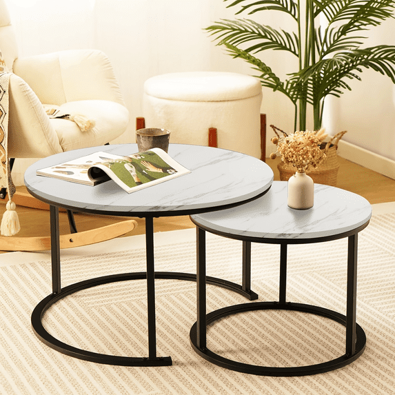 Nesting Coffee Table Set of 2, Small Modern Light Wood Metal Frame Round Center Table Set, Side End Table for Living Room,Bedroom,Small Spaces Black