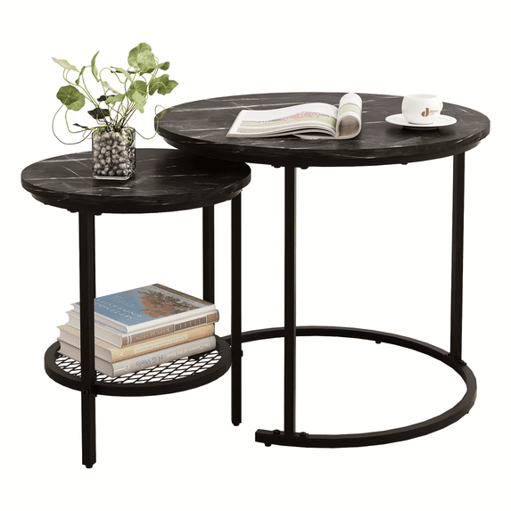 Nesting Round Coffee Table with Storage Basket Set of 2, Accent Pieces Modern Industrial Decor for Living Room Small Space Balcony Homes Office Black