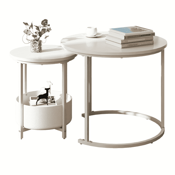 Nesting Round Coffee Table with Storage Basket Set of 2, Accent Pieces Modern Industrial Decor for Living Room Balcony Homes Office White