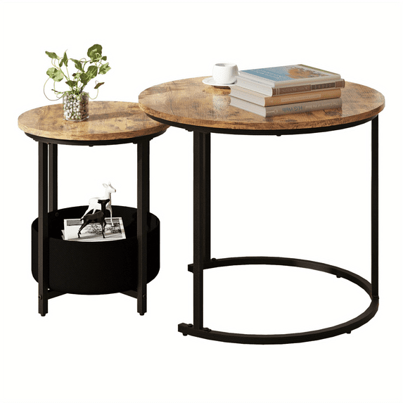 Nesting Coffee Table Set of 2, Small Modern Light Wood Metal Frame Square Center Table Set, Side End Table for Living Room,Bedroom,Small Spaces Black