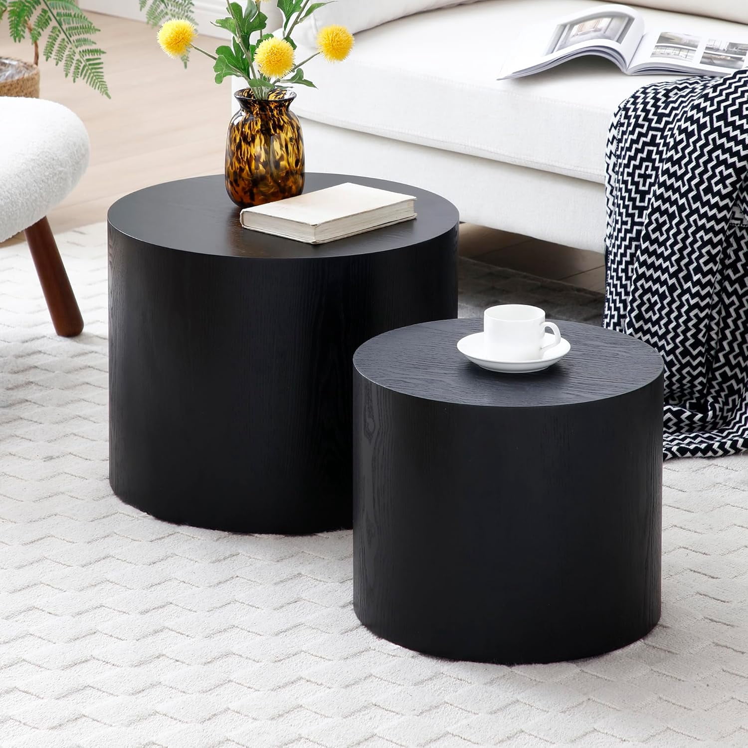 Nesting Coffee Table Set of 2, Small Round Coffee Table Black Circle ...
