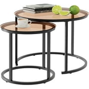Nesting Coffee Table Set of 2, Small Round Glass Nesting Tables for Living Room Bedroom, Accent Tea Table with Metal Frame Modern Industrial Simple