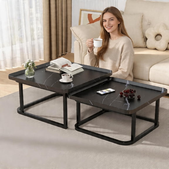 Nesting Coffee Table Set of 2,Square Small Coffee Table for Living Room,Space Saving Stacking Side Tables with Raised Edge,Versatile End Table Set