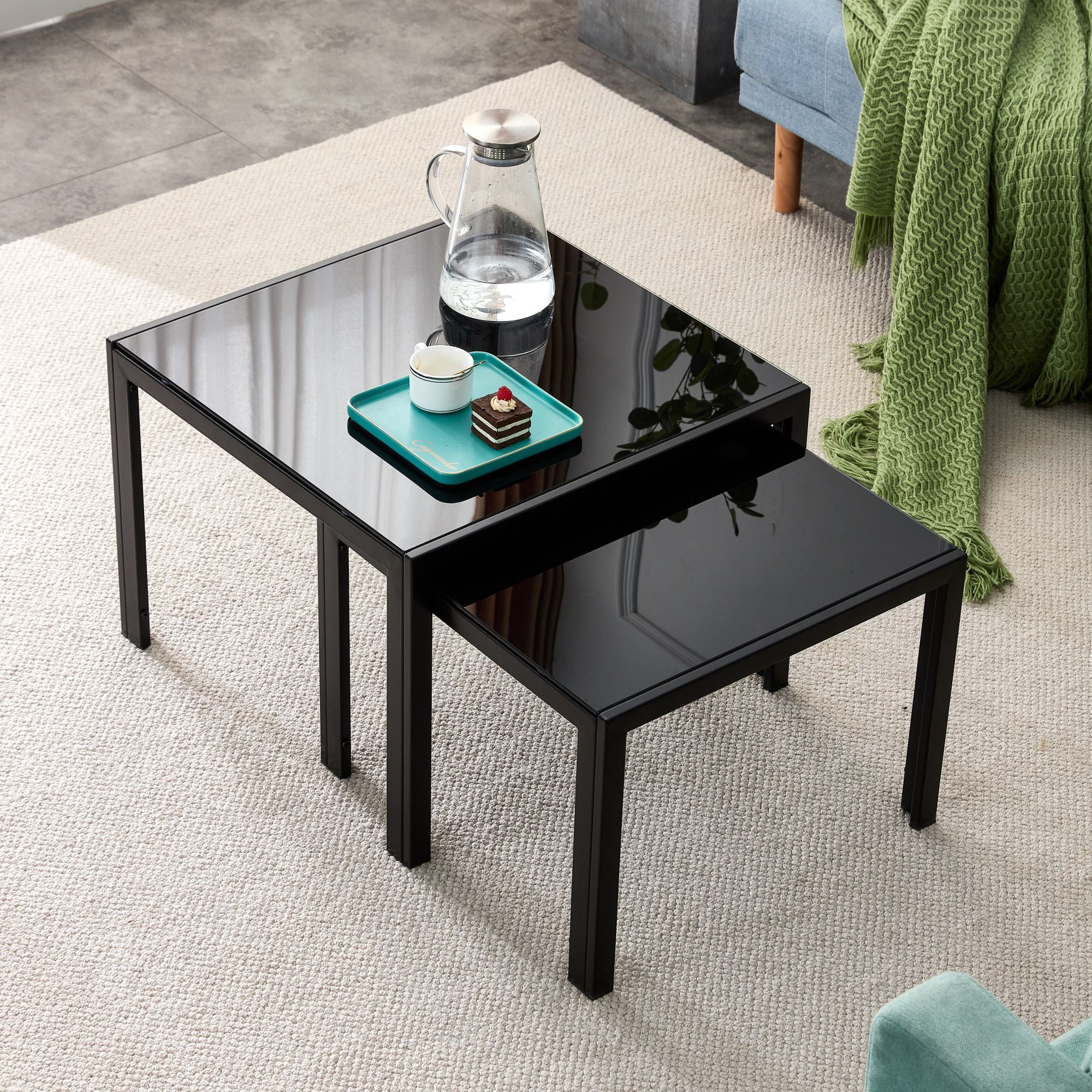 Nesting Coffee Table Set of 2, Square Stacking Table with Tempered ...