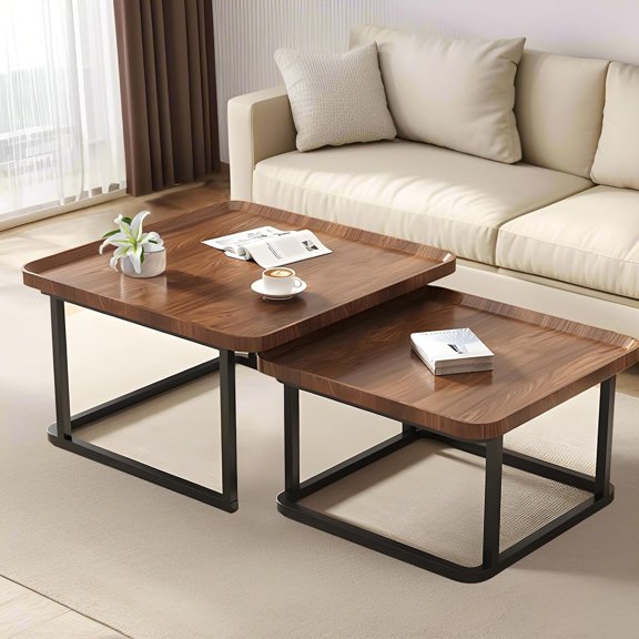 Nesting Coffee Table Set of 2, Walnut Finish Square Tables with Metal