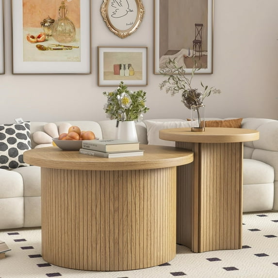IQCNGVX Nesting Coffee Table Set of 2 Wooden Round Modern Circle Side End Side Table for Living Room Office Balcony
