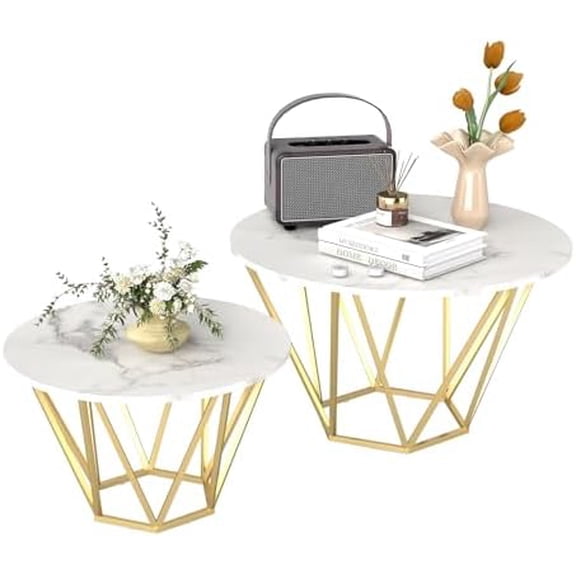 Nesting Coffee Table Set of 2 for Living Room, Modern Round Faux Marble Top and Gold Metal Frame Accent Tables, Sofa Side End Tables$$Furniture
