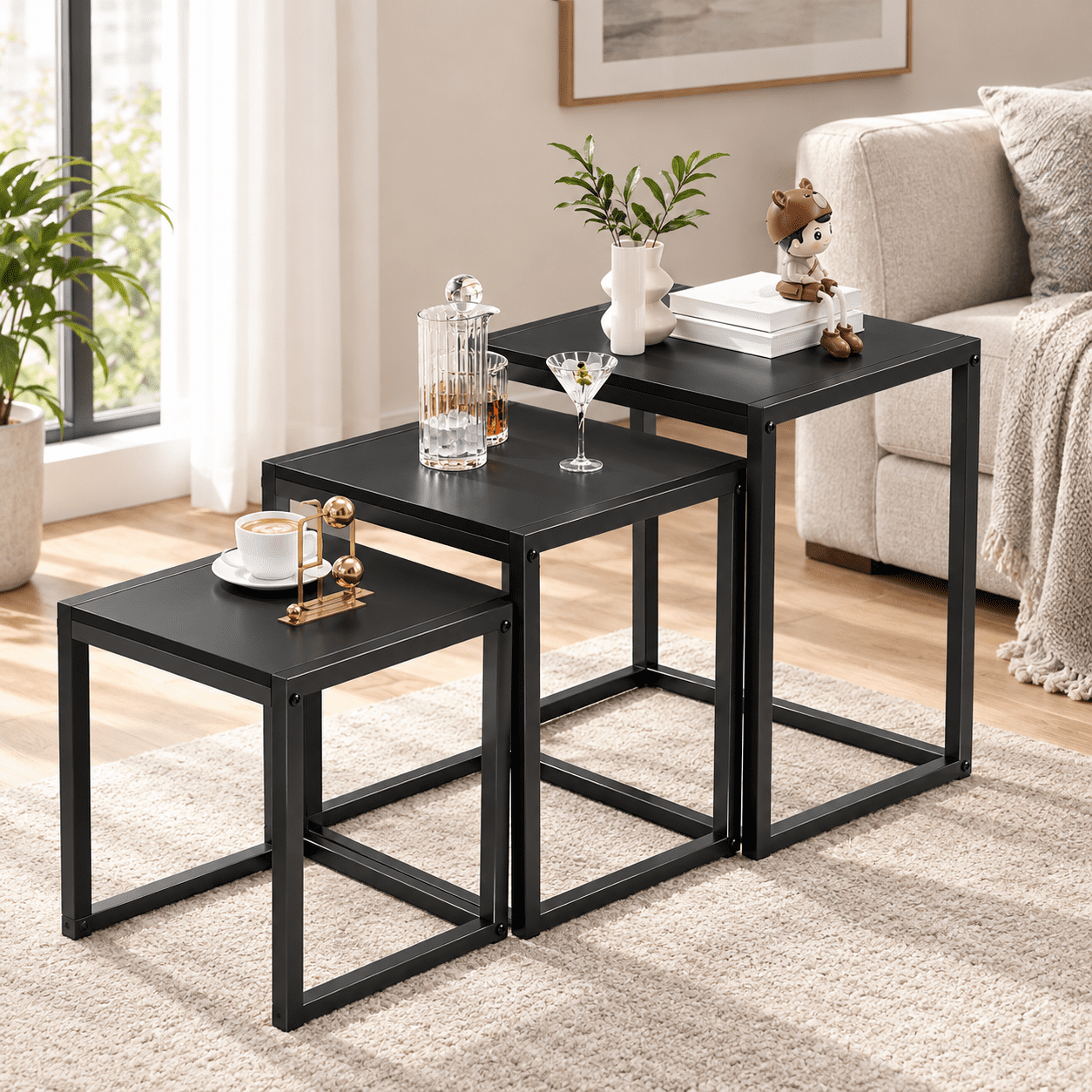 Stack Coffee Table Nesting Coffee Table Set of 3, Stacking Metal Side Tables, Black ...