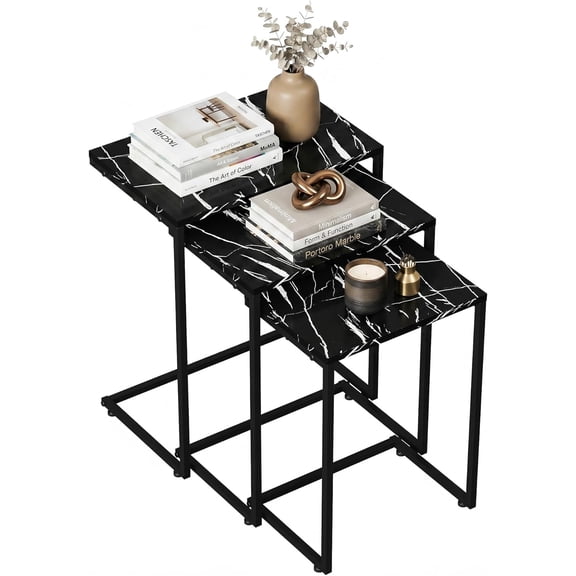 Nesting Coffee Table Set of 6 Side Tables, Industrial C-Shaped End Tables with Wood Table Top & Sturdy Metal Frame Stacking Accent Furniture