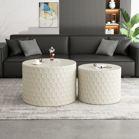 Nesting Coffee Table Set with Honeycomb Design, Modern Round Coffee Table, Drum Circle Coffee Table for Living Room, Bedroom, Beige(Set of 2)