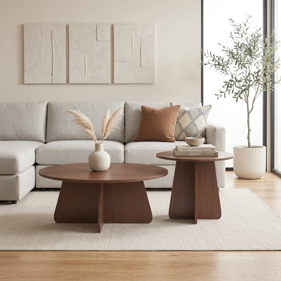 Nesting Coffee Table Set with Walnut Finish - Round Side Tables
