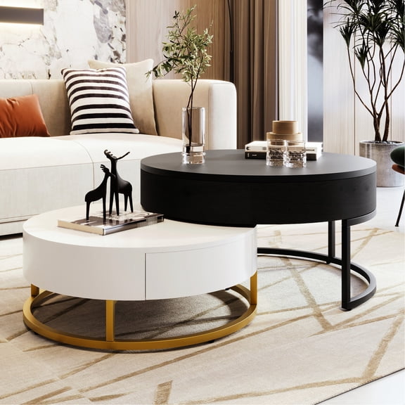 Nesting Coffee Tables with Lift-Top and Storage Drawers | Smooth MDF Surface, Hydraulic Lifting, Round Design | Organize Small Items | Adapt Table for Different Uses