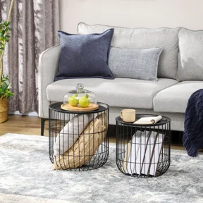 Nesting Coffee Tables, Round Coffee Table Set of 2 with Steel Wired Basket Body and Removable Top, Stacking End Tables Blanket Storage for Living Room, Black