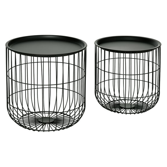 Nesting Coffee Tables, Round Coffee Table Set of 2 with Steel Wired Basket Body and Removable Top, Stacking End Tables Blanket Storage for Living Room, Black