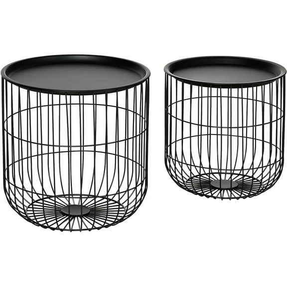Nesting Coffee Tables, Round Coffee Table Set of 2 with Steel Wired Basket Body and Removable Top, Stacking End Tables Blanket Storage for Living Room