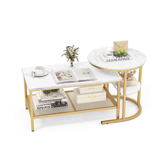 Nesting Coffee Tables Set of 2, Living Room Tables with Storage Shelf, Gold Metal Frame, Oval & Round, Modern Side Tables for Living Room, 31.5" & 20.5"