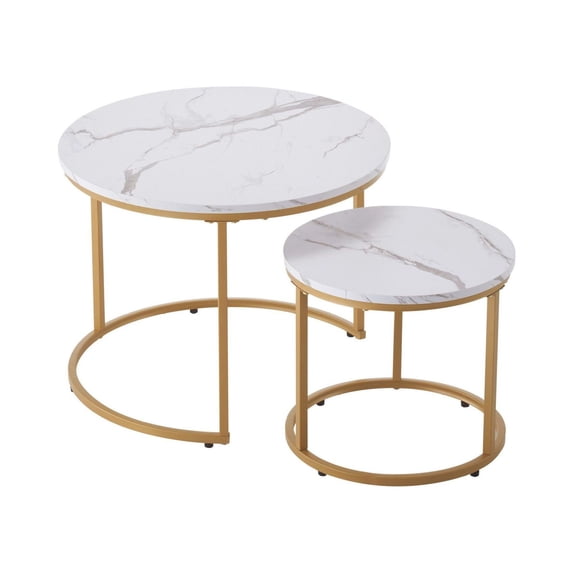 Nesting Coffee Tables Set of 2, Round Side Tables 23.6 & 15.8 inch, Vintage Metal Frame End Tables, Living Room Bedroom Office Furniture (White & Gold)
