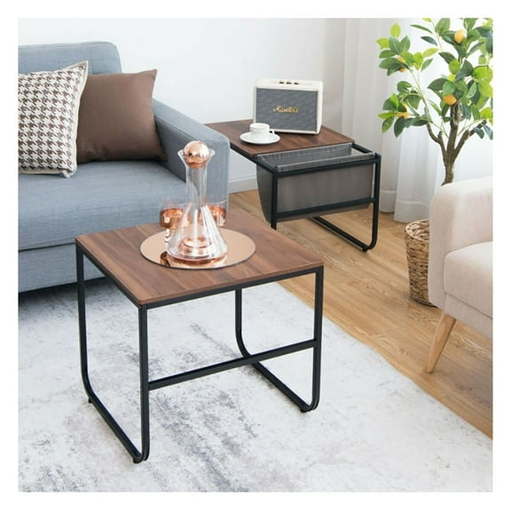 Nesting Coffee Tables Set of 2, Side Pocket, Rustic Brown, Living Room Bedroom Furniture, Space Saving, Steel Frame, Industrial Design, 110/66lbs Capacity