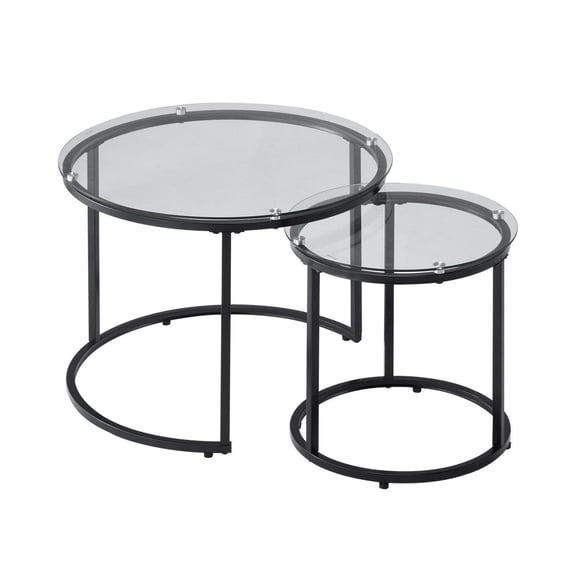 Nesting Coffee Tables Set of 2, 23.6 Round Glass Side Tables, Modern End Table Set for Living Room, Bedroom, Small Space, Metal Frame Nightstand