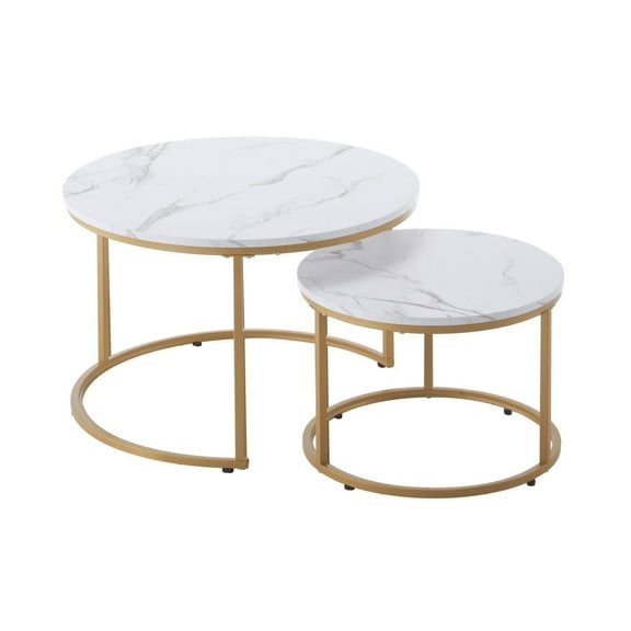 Nesting Coffee Tables Set of 2, 27.6 Round Coffee Table, Vintage End Side Tables, Metal Frame for Living Room Bedroom Office - White & Gold