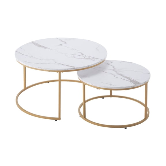 Nesting Coffee Tables Set of 2, 31.5" Round Tables, Small Space Living Room End Side Tables, Vintage Metal Frame, White & Gold