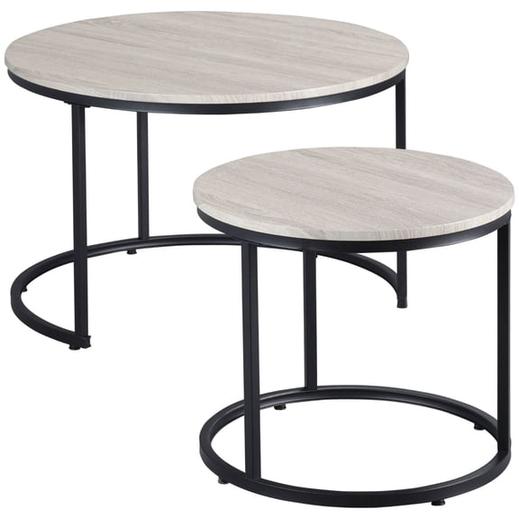 Nesting Coffee Tables Set of 2 Grey Round Stacking Tables with Metal Frame for Living Room
