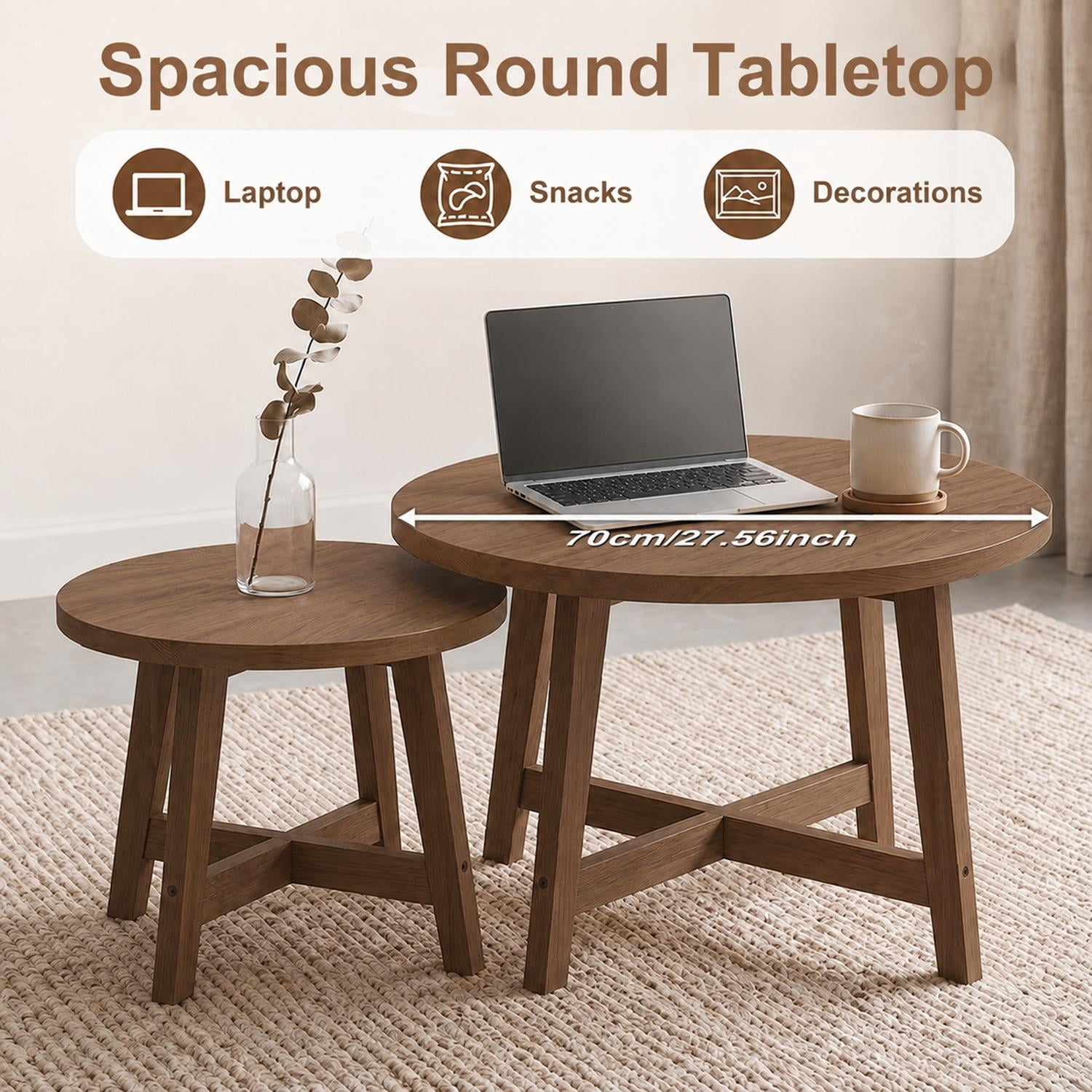 Nesting Coffee Tables Set of 2 Round with Walnut Tone Finish and X-Shaped Frame, Stackable Side Tables and End Tables for Living Room Bedroom, Walnut