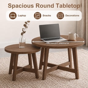 Nesting Coffee Tables Set of 2 Round with Walnut Tone Finish and X-Shaped Frame, Stackable Side Tables and End Tables for Living Room Bedroom, Walnut