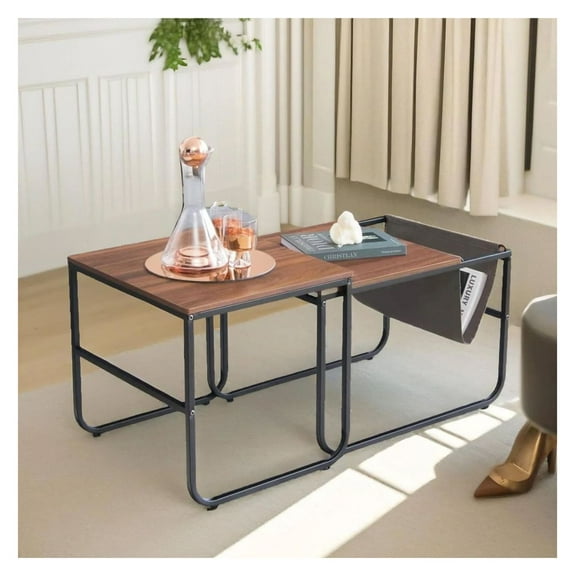 Nesting Coffee Tables Set of 2, Rustic Brown Side Tables with Storage Pocket for Living Room, Bedroom, Small Space - Durable MDF & Steel
