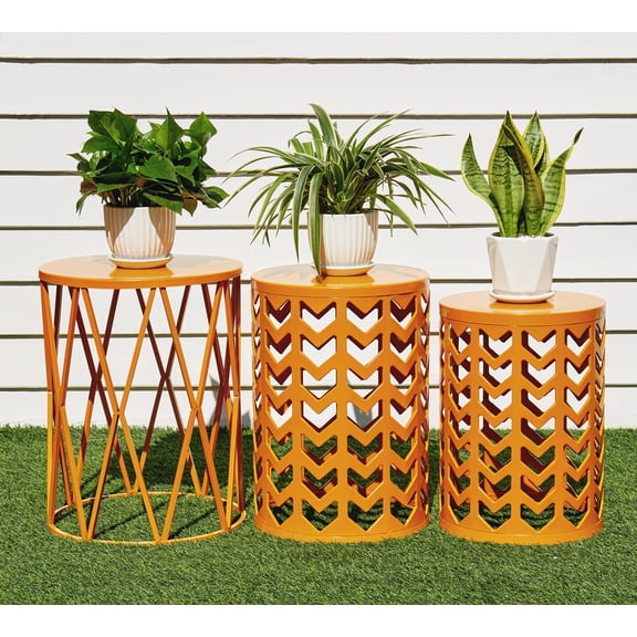 Round Stacking Coffee Tables Set of 3, Metal Nesting End Tables for Living Room Balcony, Versatile Nightstand, Orange