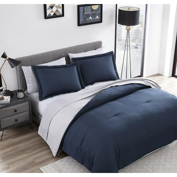 The Nesting Company Chestnut Reversible Bed in a bag Bedding Collection in King 7 Piece Comforter and Sheet Set in Navy and Gray, Soft, Lightweight Microfiber (King, Navy and Gray)