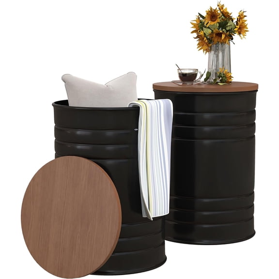 Nesting End Table Set of 2, Round Storage Ottoman Stool with Removable Wood Lid, Metal Frame & Hidden Space, Farmhouse Side Table for Living Room, Black