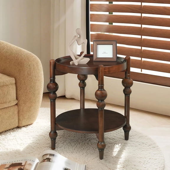 Nesting End Table Set, Round Solid Wood Frame with Storage, Retro Accent Table for Small Space Living Room, Dark Brown