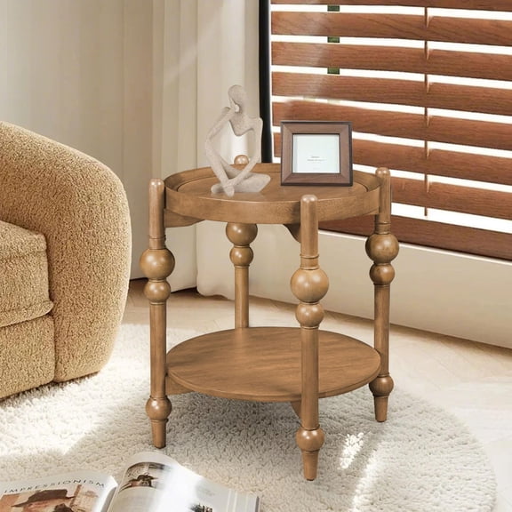 Nesting End Table Set, Round Solid Wood Frame with Storage, Retro Accent Table for Small Space Living Room, Natural