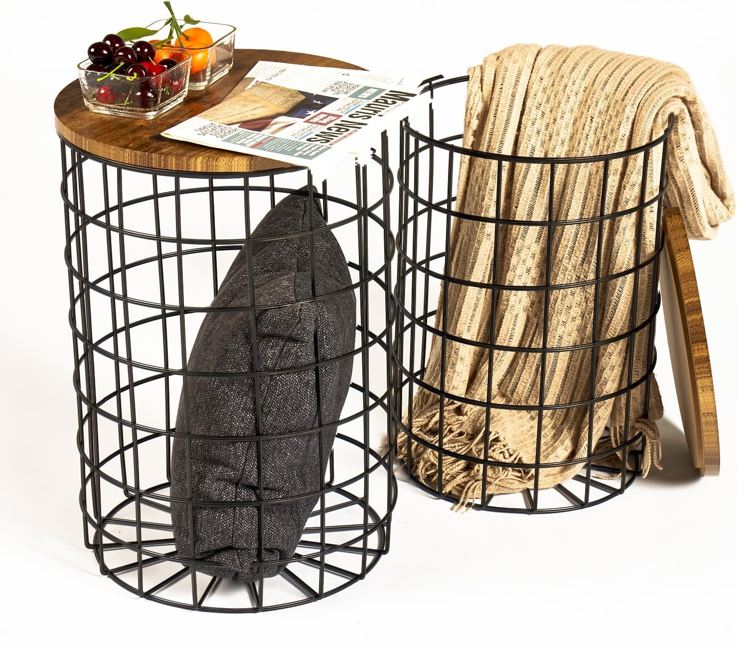 Nesting End Table with Storage Round Side Table Wire Basket Design