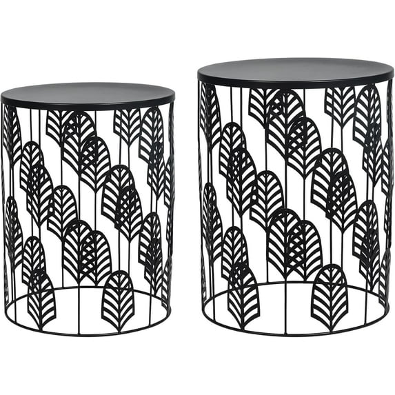 Nesting End Tables Set of 2, Round Black Side Table with Mirror Top for Living Room, Indoor & Outdoor Accent Table Nightstand (Black Leaf)