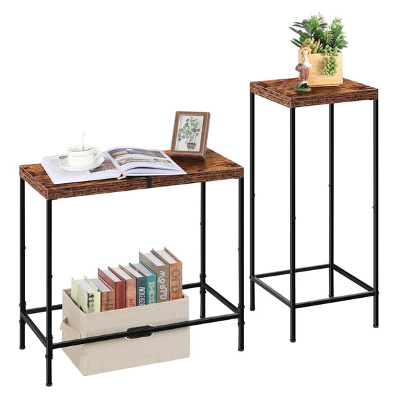 Nesting End Tables, Tall & Short Wood Console Tables, Narrow Sofa Side Table Set for Living Room, Bedroom, Rustic Brown