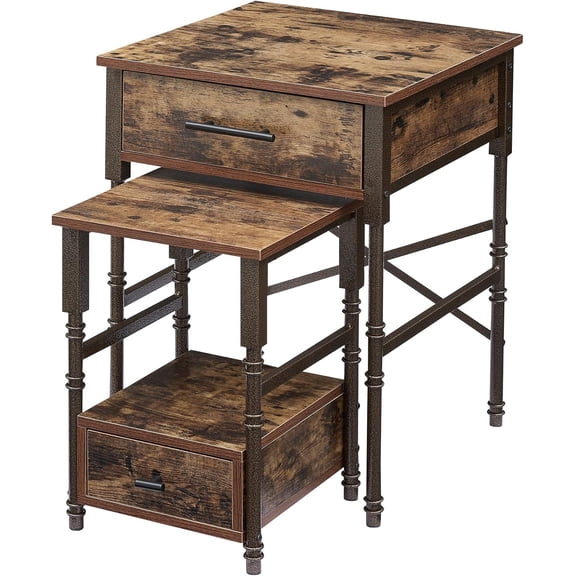 Nesting End Tables with Drawers, Metal Frame & Wooden Top, Stackable Small & Large Side Tables for Living Room, Bedroom, Sofa Side (Brown)