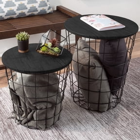 Lavish Home Set of 2 Black Nesting End Tables with Removable Wood Tops and Metal Basket Bases
