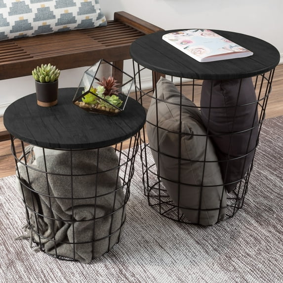 Lavish Home Set of 2 End Tables, Nesting Tables with Removable Wood Tops and Metal Basket Bases for Living Room or Home Office, Black