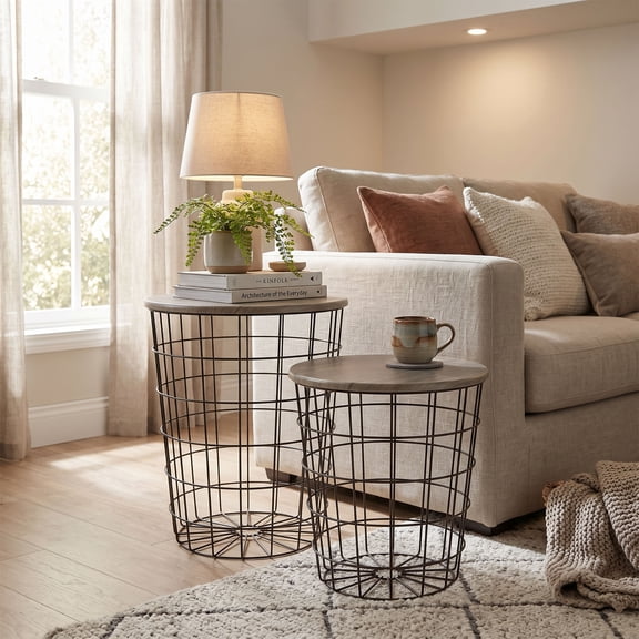 Lavish Home Set of 2 Nesting End Tables with Removable Wood Tops and Metal Basket Bases