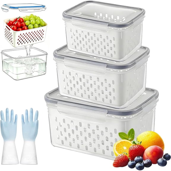 Nesting Fruit Containers for Fridge Keep Fresh with Removable Colanders, 4 in 1 Watermelon Container with Strainer, Lettuce Keeper for Refrigerator, Plastic Vegetable Storage