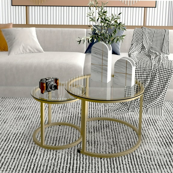 Nesting Glass Coffee Table Set Of 2, Small Glass Round Nesting Tables For Living Room Bedroom, Accent Tea Table With Black Metal Frame Modern Industrial Simple