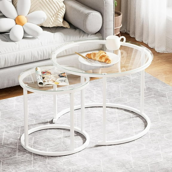 Nesting Glass Table Set of 2, Small Glass Round Nesting Tables for Living Room Bedroom, Accent Tea Table with Metal Frame Modern Industrial Simple