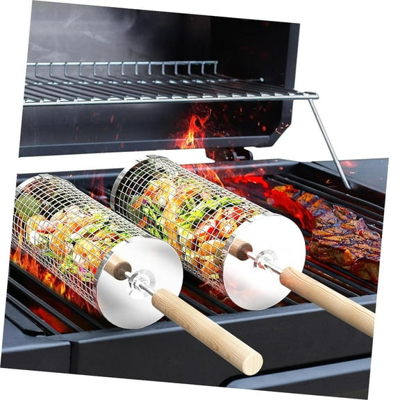 Fuliko Rolling Grill Baskets (2PCS), Detachable Wooden Handle, 304 Stainless Steel, Stackable Grilling Net, Ideal for Vegetables, Shrimp, and BBQ, for Camping, for Men, Dad, Husband