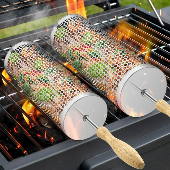 Nesting Grill Baskets Set of 2,Stainless Steel Rolling Grilling Net, BBQ Accessories Tools for Vegetables Shrimp, Outdoor Cooking Camping (A Style)